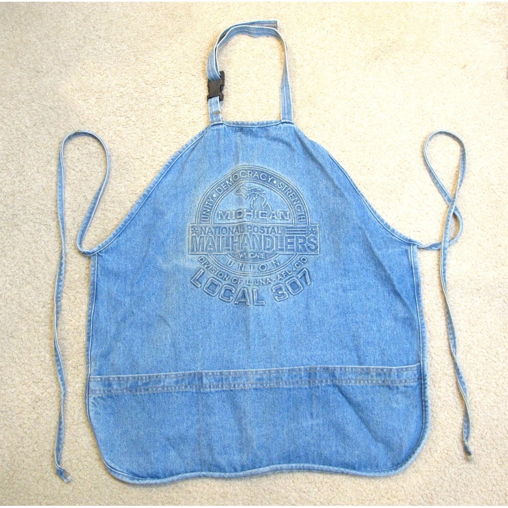 Vintage‎ Style 90s Blue Denim Embossed Apron Made in USA Mailhandlers Local 307